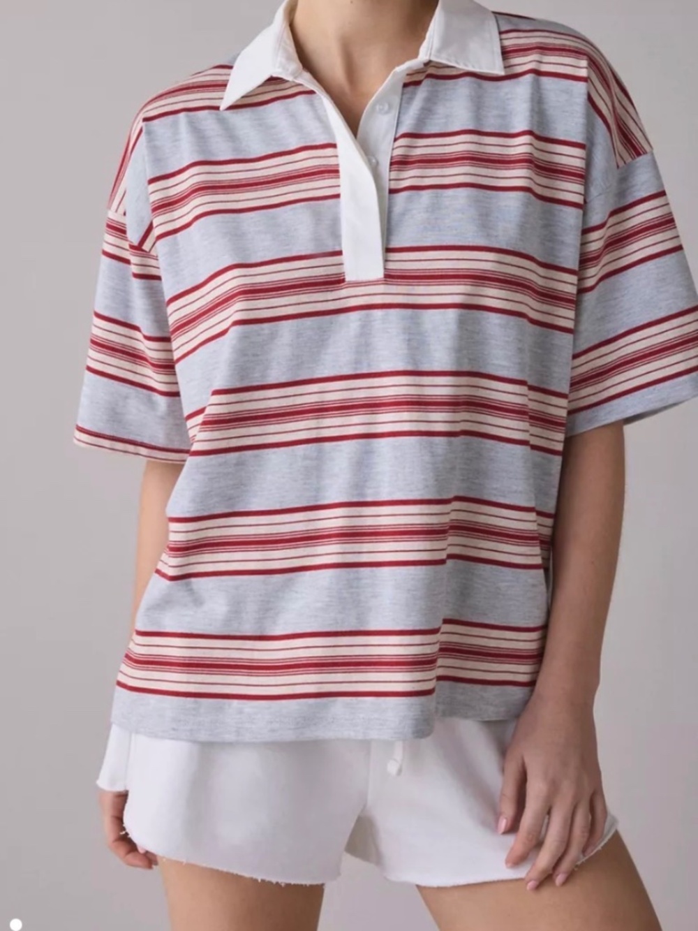 NIA Ronda Grey Striped Oversized Short Sleeve Polo Top NWT